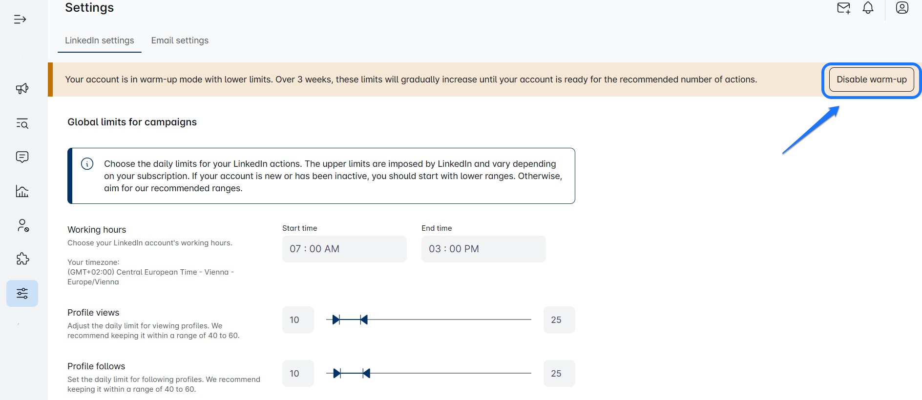 Warmup mode for LinkedIn – LeadIn
